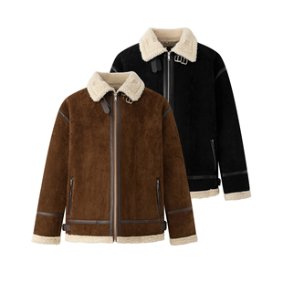 MRCYC麂皮绒翻领棉衣男士冬季宽松保暖棉服韩系高级感羊羔毛外套