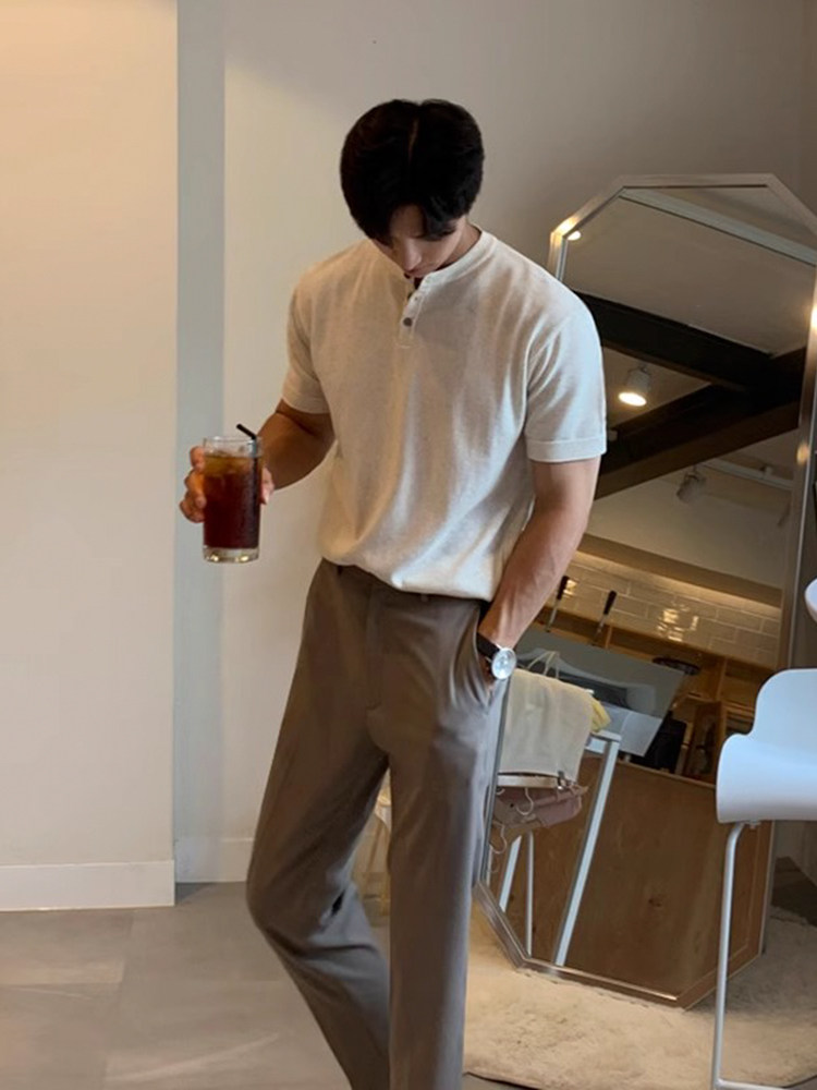 MRCYC 남성용 반팔 티셔츠 한국 스타일 트렌디 여름 얇은 슬림 피트 반팔 탑 아이스 실크 니트 바닥 셔츠