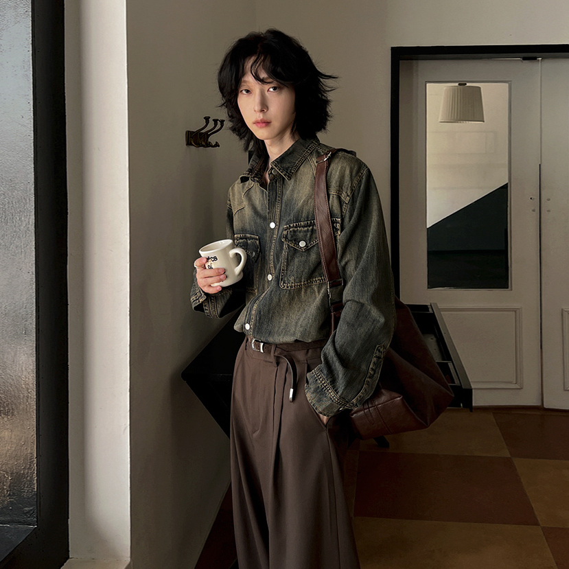 MRCYC韩版宽松休闲复古长袖衬衫