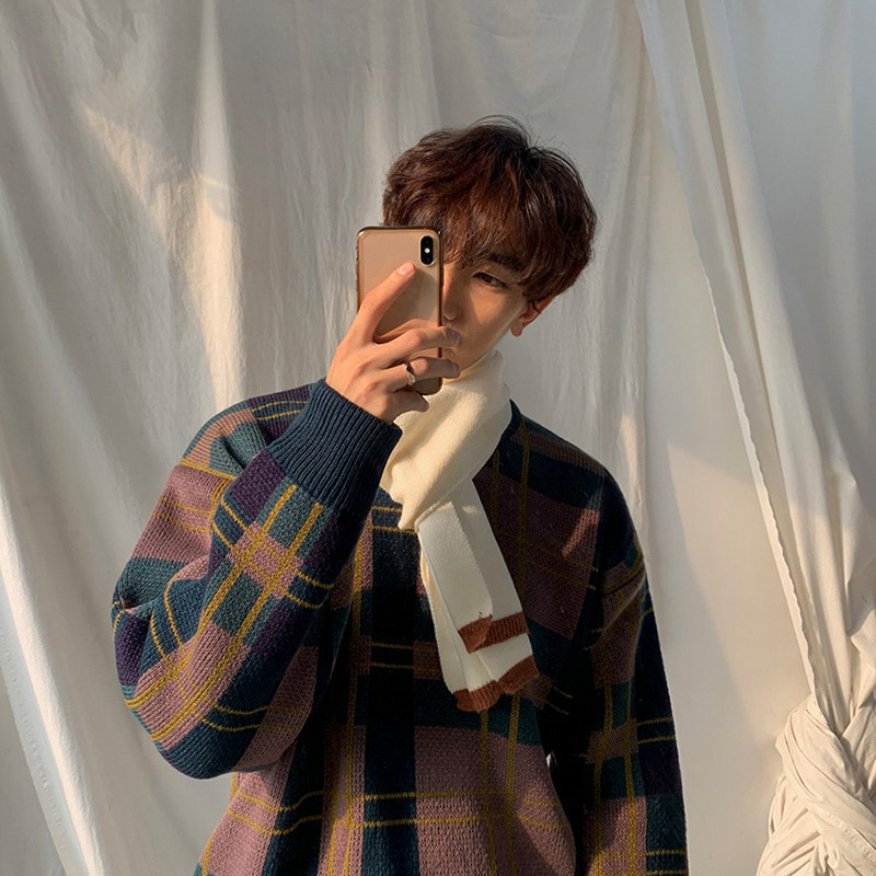 MRCYC MENS WINTER THICK SWEATER KOREAN TRENDY COLOR MATCHING PLAID SWEATER LOOSE LAZY BOTTOMING SHIRT