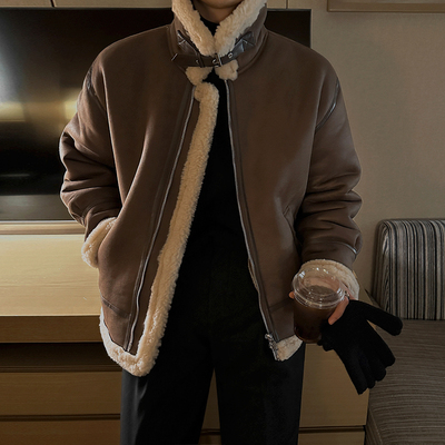 MRCYC羊羔毛外套男士冬季加厚皮毛一体保暖棉服韩系潮流立领棉衣