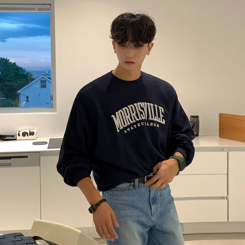 MRCYC无帽卫衣男士春秋款美式复古字母刺绣纯棉圆领套头长袖上衣