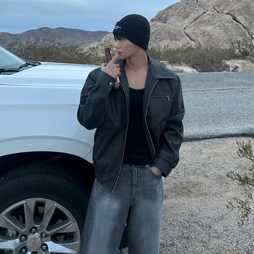 MRCYC韩版宽松短款翻领皮衣