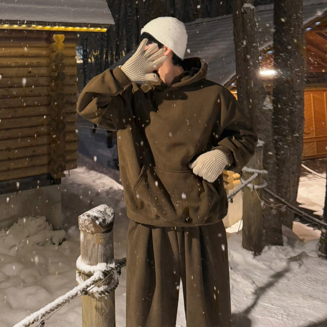 MRCYC韩系简约风休闲运动套装男秋冬季复古风连帽卫衣直筒休闲裤