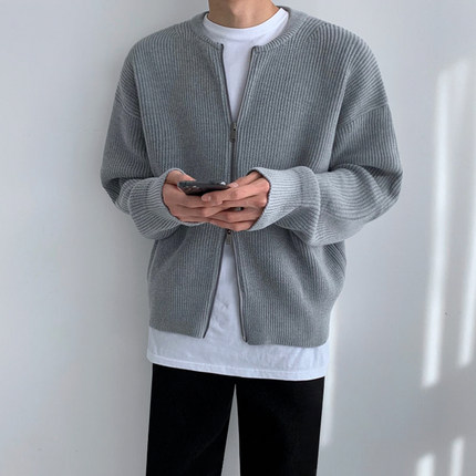MRCYC针织开衫男士圆领秋冬季韩系宽松潮流慵懒纯色拉链毛衣外套