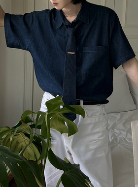[送领带]复古短袖衬衫男士夏季宽松休闲牛仔衬衣韩系通勤风DK制服