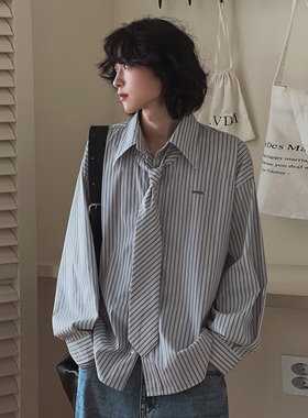 [送领带]学院风条纹长袖衬衫男士春季宽松休闲衬衣韩系通勤DK内搭