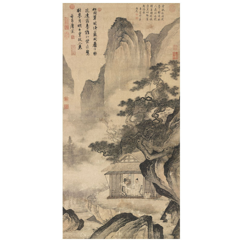明唐寅山水图卷轴中式装饰画山水画客厅沙发玄关茶楼挂画名人字画