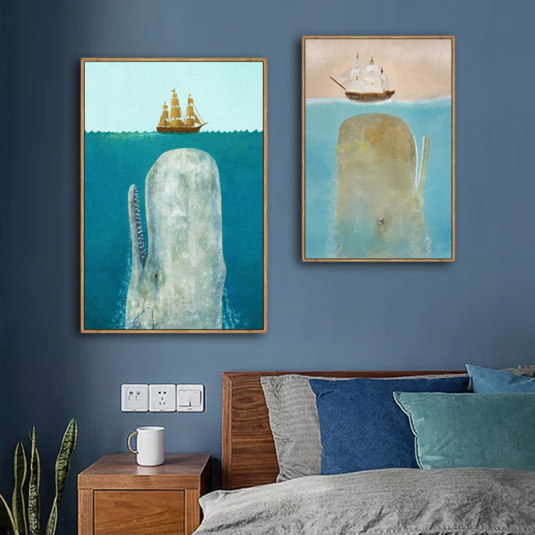 北欧卡通鲸鱼客厅装饰画卧室床头书房玄关壁画走廊儿童房简约挂画