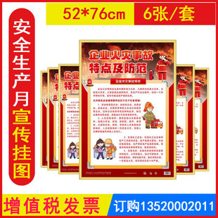 2025年全国安全生产月119消防安全知识宣传海报招贴宣传画壁报敷亮膜ZAG0162 套 包发票 企业火灾事故特点及防范宣教挂图6张