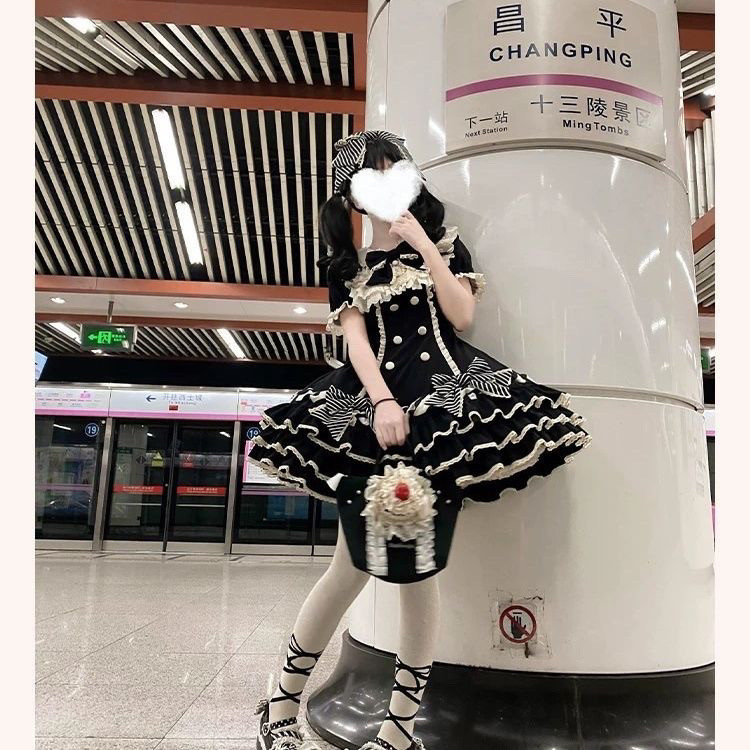 条纹千层Lolita心动玩偶洋装黑粉甜lo蛋糕裙Lolita古早蝴蝶