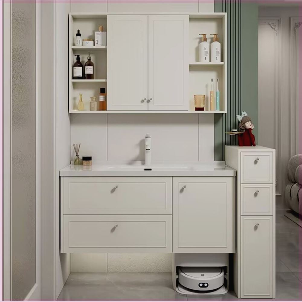 定制橡木风水镜扫地机器人款73/83/93/103/113cm陶瓷一体盆浴室柜