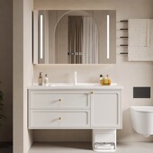 104 美式 114一体陶瓷盆橡木浴室柜组合扫地机器人洗漱台