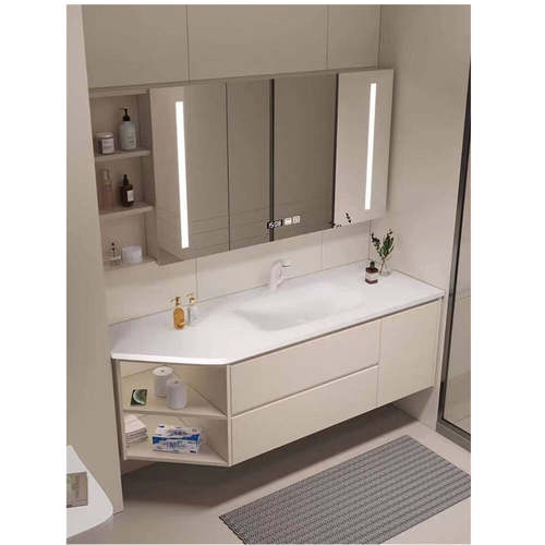 定制切角蜂窝铝浴室柜组合陶瓷岩板无缝热弯一体洗手一体洗脸盆