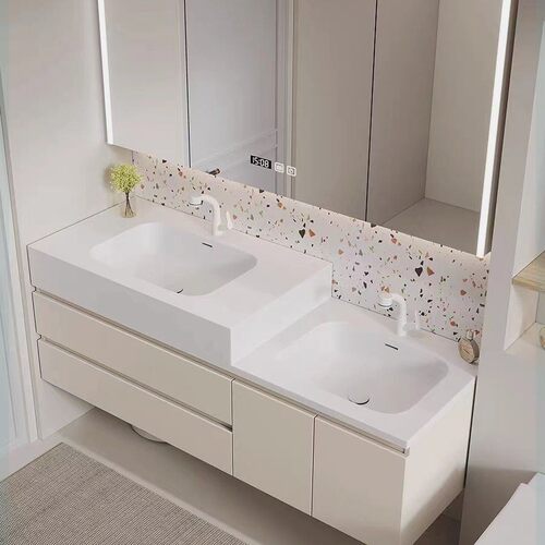 定制可丽耐一体盆双盆实木浴室柜高低子母卫生间洗手洗脸盆洗漱台