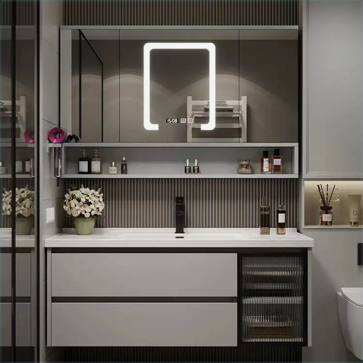 定制67/77/87/97/107/117CM陶瓷一体台盆推拉风水镜蜂窝铝浴室柜