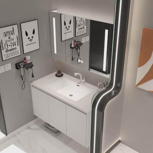 岩板无缝陶瓷盆78/88/98/108/118CM扫地机器人基站款蜂窝铝浴室柜