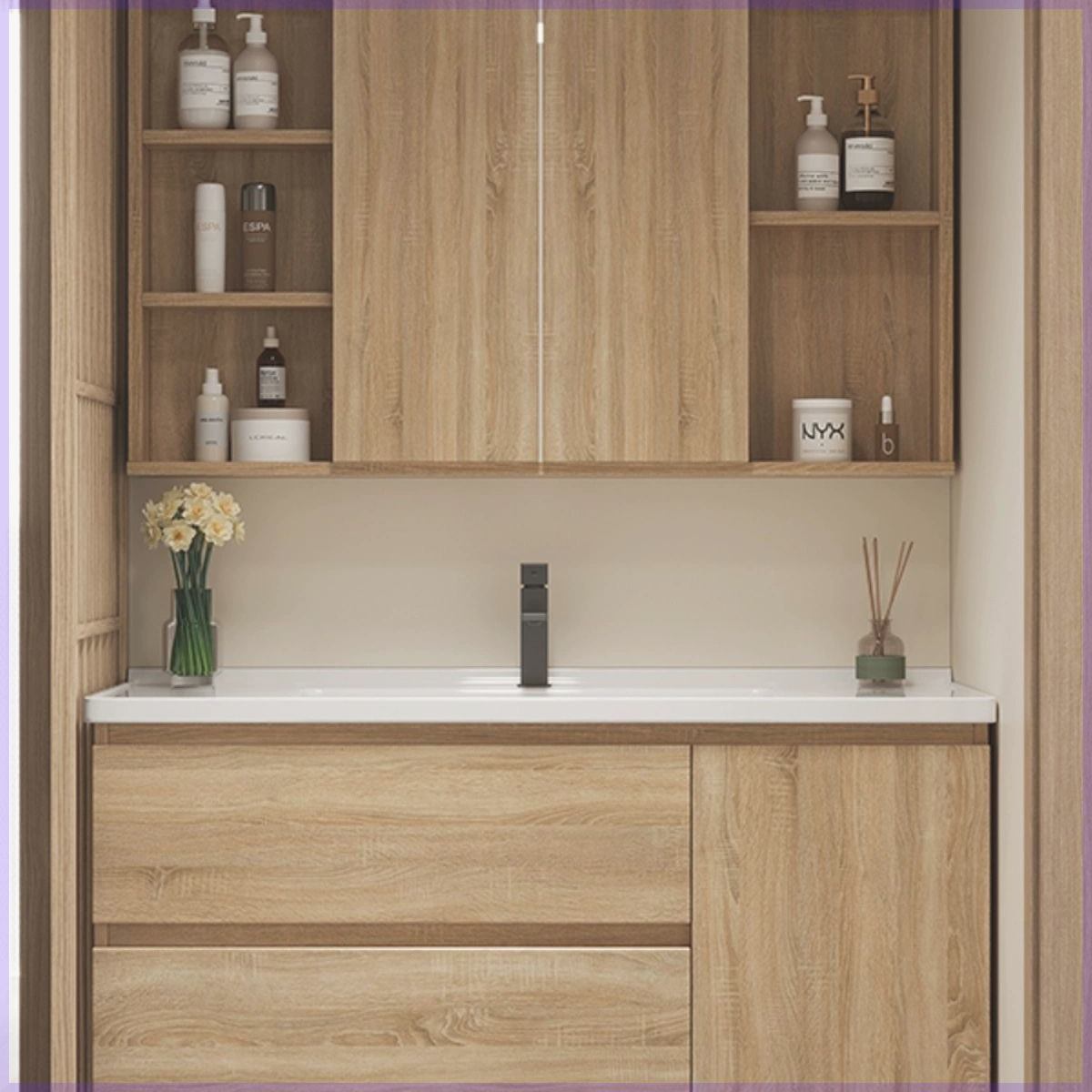 蜂窝铝69/79/89/99/109/119折叠风水镜柜陶瓷一体盆洗漱台浴室柜