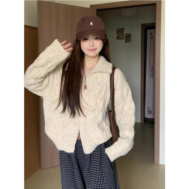 高领麻花拉链开衫毛衣女款2026新款春秋季加厚慵懒风立领针织外套