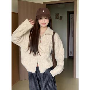高领麻花拉链开衫毛衣女款2026新款春秋季加厚慵懒风立领针织外套