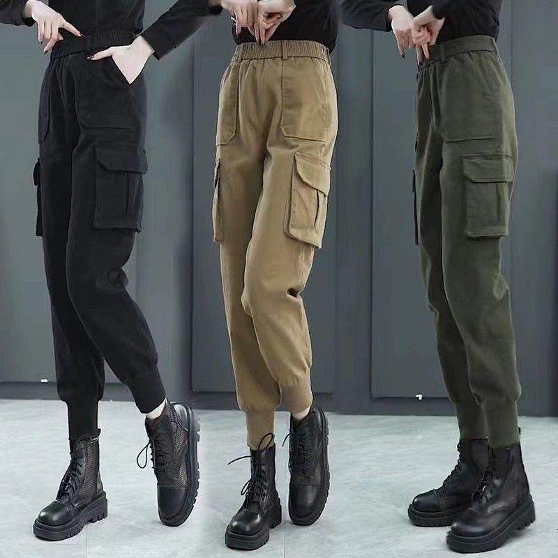 高腰工装裤女士秋冬2025新款加绒休闲哈伦裤搭配马丁靴的束脚裤子