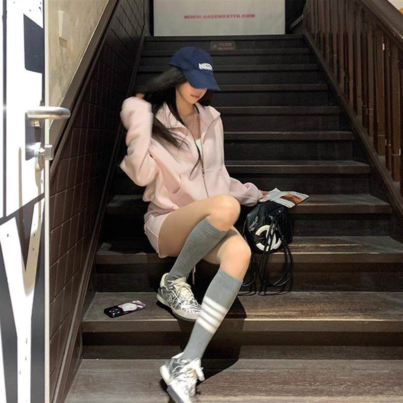 2025秋两件套休闲灰色拉链卫衣外套高腰短裤运动套装