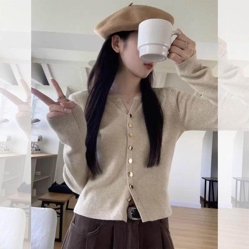 单排扣长袖针织衫上衣女装秋季2026新款修身气质毛衣开衫打底上衣