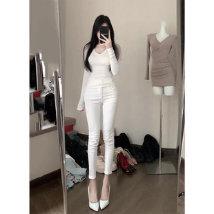 高腰白色牛仔裤女款春秋季2026新款紧身小脚修身显瘦直筒九分裤子