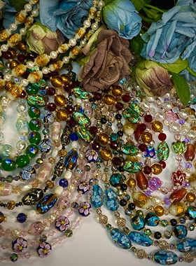 {多品B链接}中古饰品金银箔立体内花琉璃颈链毛衣项链耳饰套装