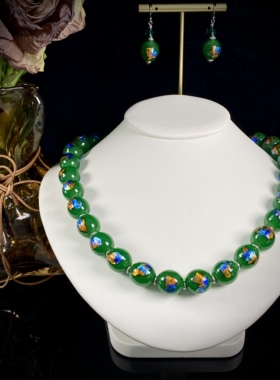 中古饰品金银彩箔手工琉璃颈链绿色系气质复古原创项链耳饰套装