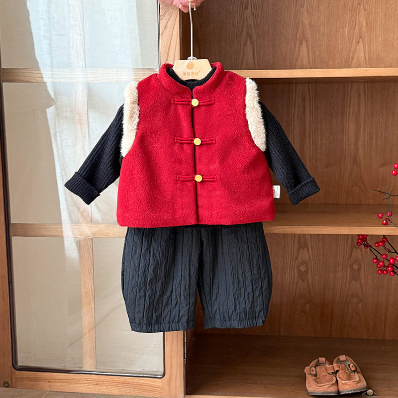 婴儿马甲加厚男童宝宝新年衣服背心中式国风女童过年冬装周岁套装