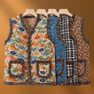 妈妈冬装 宽松防寒保暖秋冬马夹坎肩上衣 加绒加厚马甲中老年女大码