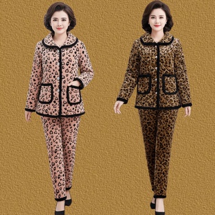 可外穿套装 两件套中老年奶奶保暖时尚 加绒加厚豹纹棉衣棉裤 妈妈装