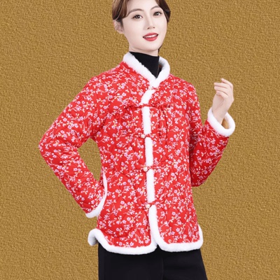 中国风盘扣碎花棉服女立领加绒