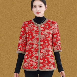 中老年妈妈装 马甲宽松保暖小棉袄女 棉衣外套加绒防寒披肩碎花中袖