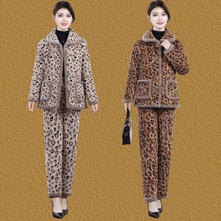 豹纹加绒加厚棉衣棉裤 中老年妈妈宽松通勤保暖棉袄两件套洋气 套装
