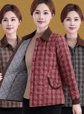 中老年女秋冬格子短款夹棉棉服