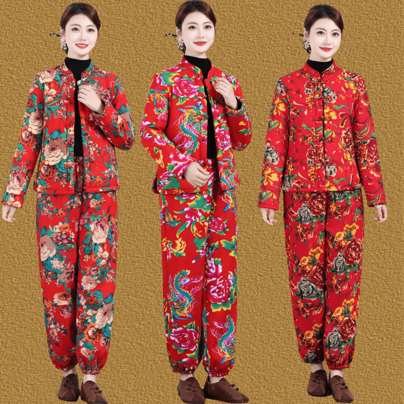 东北大花加绒加棉衣棉裤套装