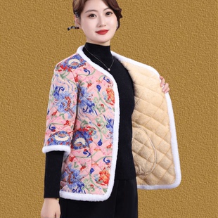 中老年女装民族风碎花棉衣女加绒保暖短款棉服妈妈装时尚盘扣外套
