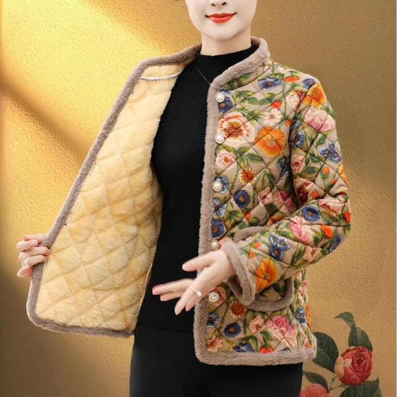 妈妈装冬立领印花棉衣外套