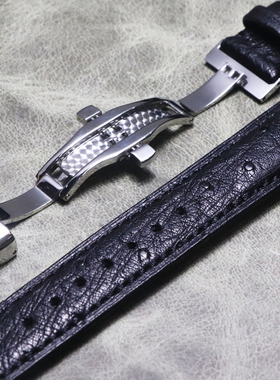 黑色鸵鸟皮表带按钮蝴蝶扣18mm19mm20mm21mm22mm真皮表带手工定制