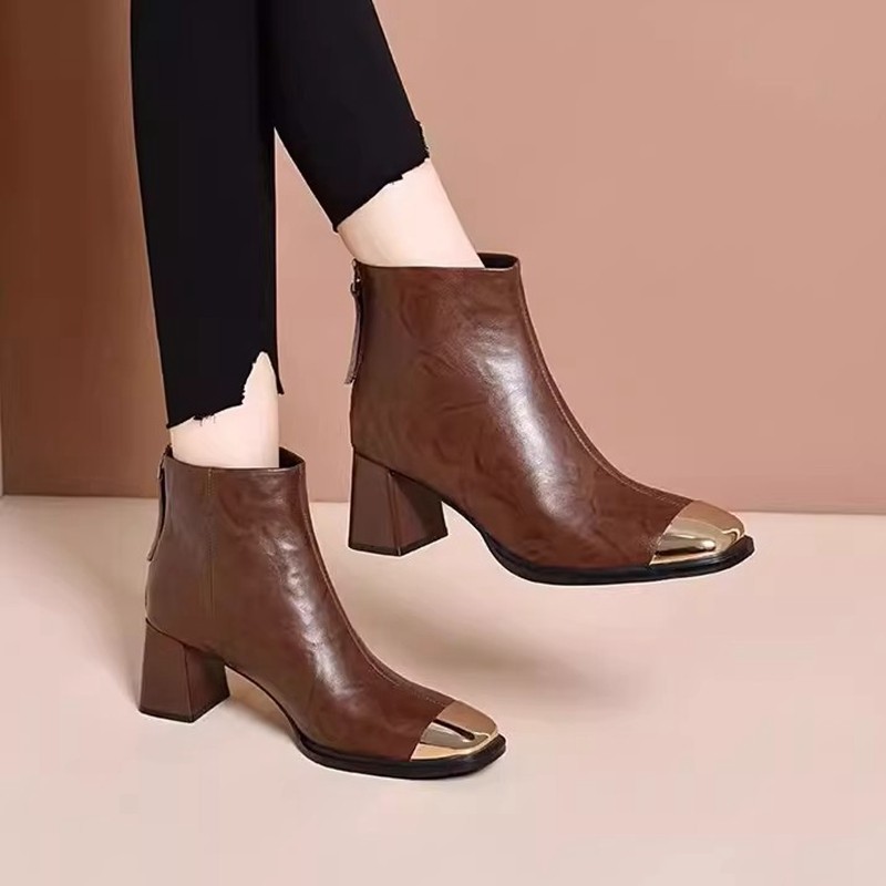 法式复古粗跟方头真皮短靴女鞋秋冬新款洋气金属防撞头加绒马丁靴,女鞋,时装靴,淘宝优惠券,粉丝福利购,淘宝优惠卷