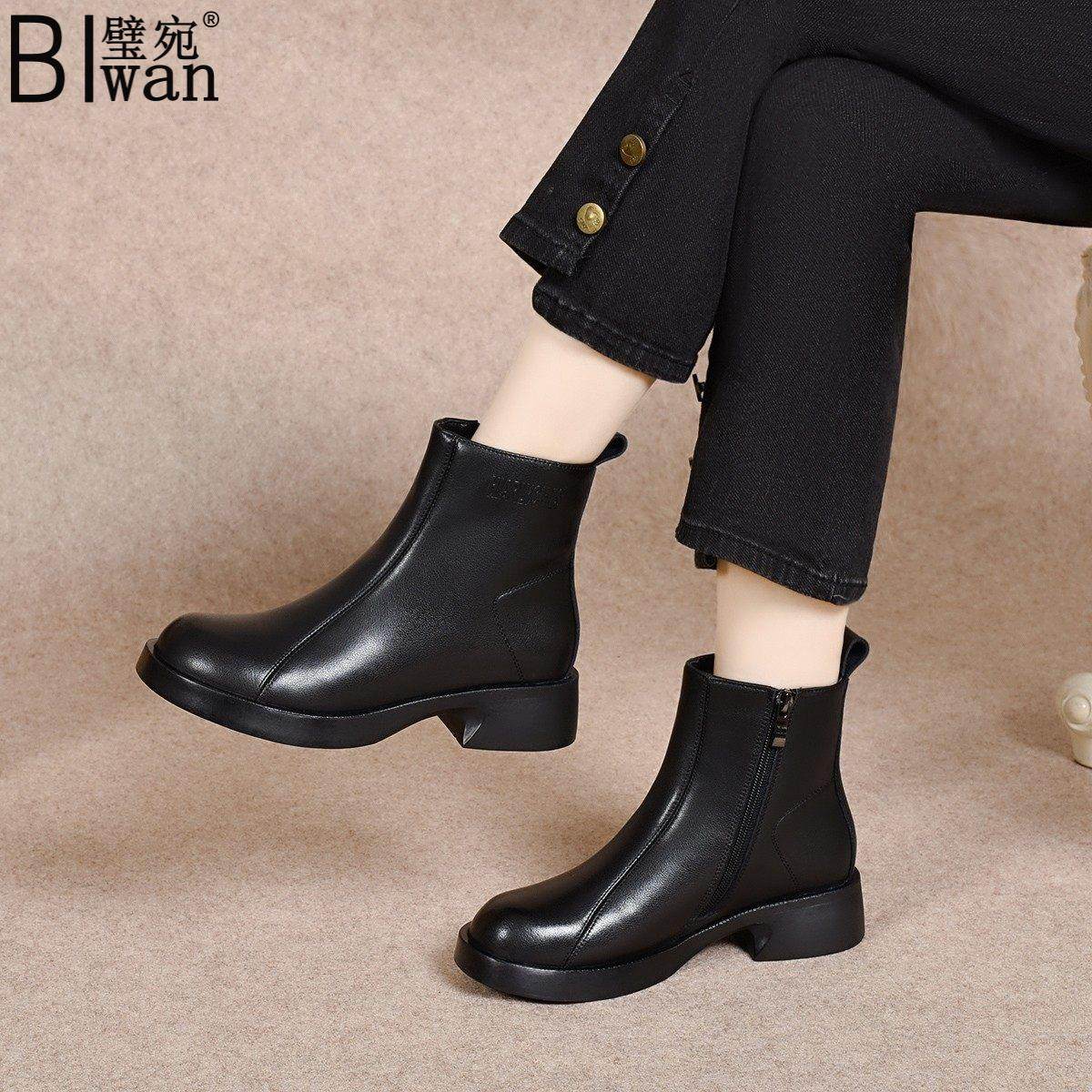 秋冬款真皮软底瘦瘦靴女鞋英伦风低跟圆头加绒保暖马丁靴时尚短靴,女鞋,马丁靴,淘宝优惠券,粉丝福利购,淘宝优惠卷