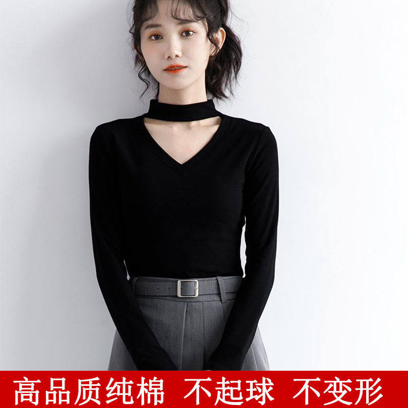 2024秋冬新款长袖体恤加绒打底衫V领港风黑色挂脖上衣女修身显瘦