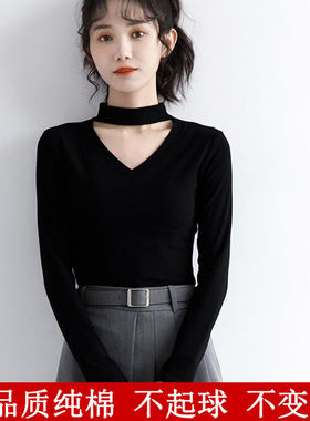 2021秋冬新款长袖体恤加绒打底衫V领港风黑色挂脖上衣女修身显瘦