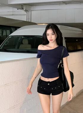 深蓝色辣妹斜肩短袖修身T恤女装夏季紧身显瘦打底衫短款百搭上衣