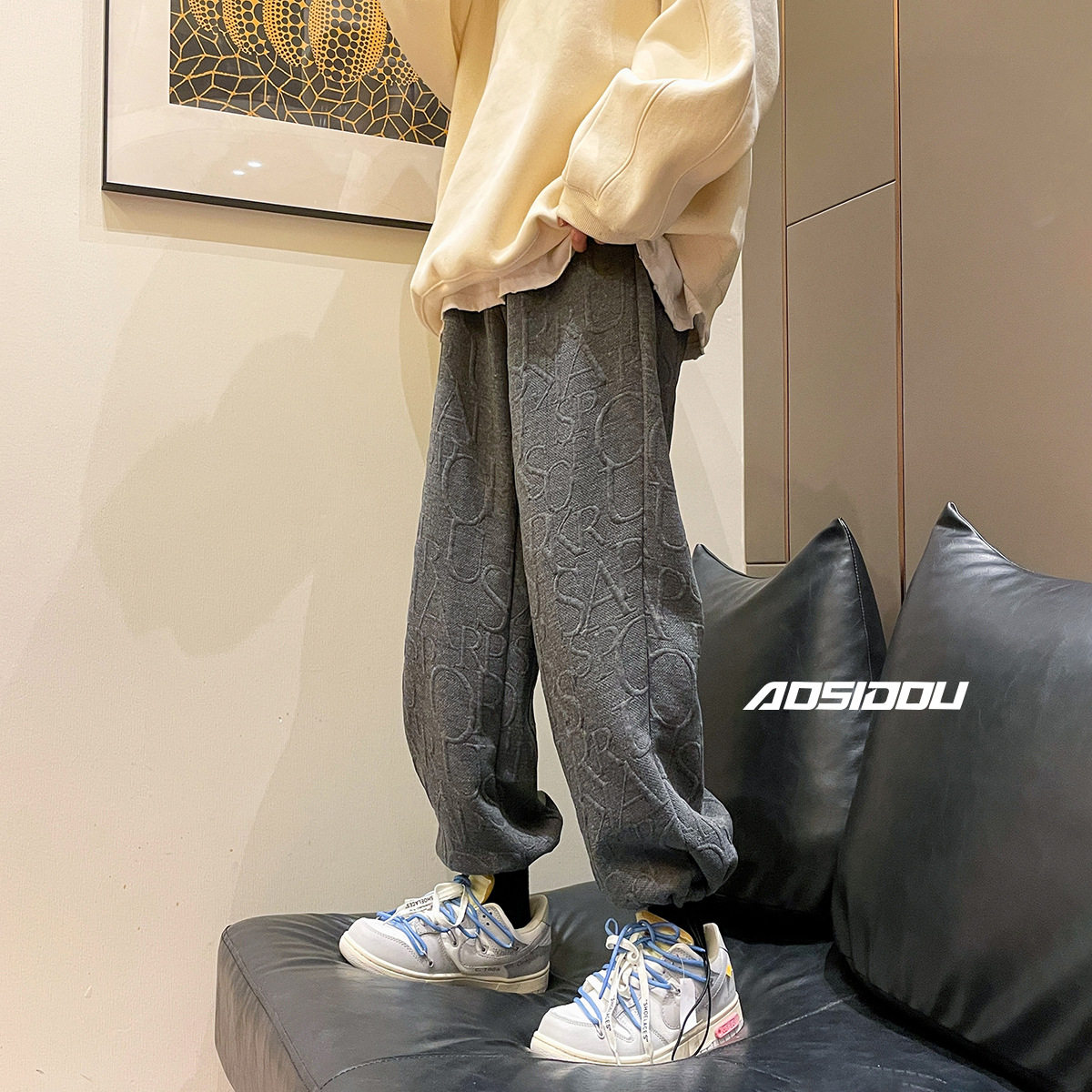 港风男装2023新款冬季字母运动卫裤男宽松抽绳小脚裤学生休闲长裤,男装,休闲裤,淘宝优惠券,粉丝福利购,淘宝优惠卷