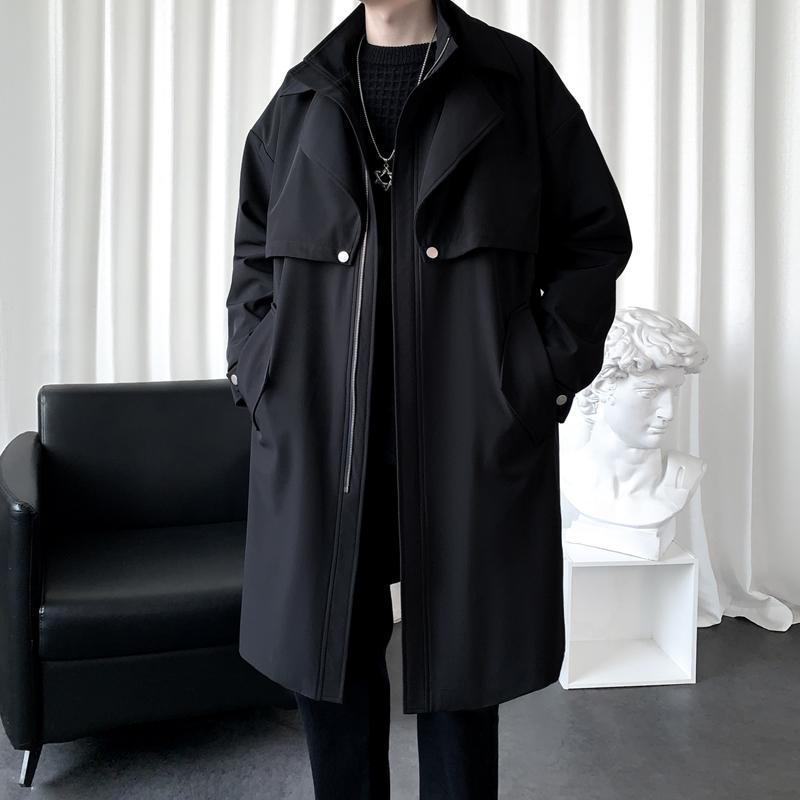 港风男装假两件双层领风衣男中长款大衣男2024冬季宽松夹克外套潮