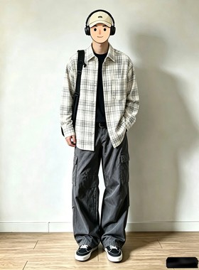 秋季韩版宽松休闲百搭翻领衬衫外套男生穿搭ootd少年感格子衣美式