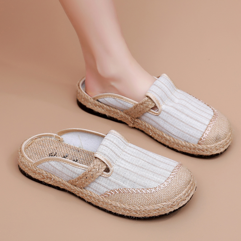老北京布鞋女透气浅口亚麻绣花鞋包头拖鞋轻便软底复古休闲渔夫鞋